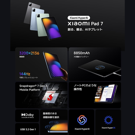 Xiaomi Pad 7 8G+256G グレー 3.2K 144Hz高精細ディスプレイ  8850mAhバッテリー  エンターテインメント 作業 会議用